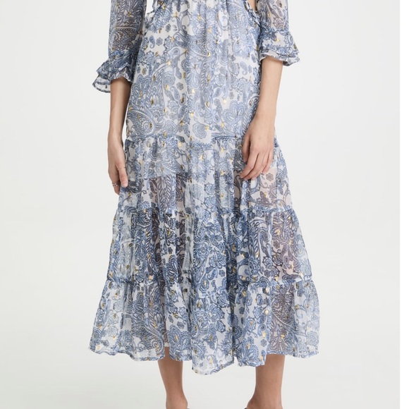 $190 Rahi Blue Paisley Juniper Midi Ruffle Dress XS NEW - Picture 6 of 7